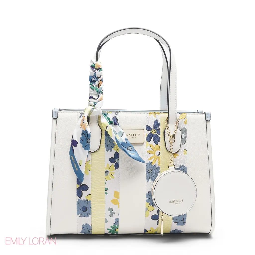 Floral Tote with Scarf & Round Pouch -Large (Beige Floral)