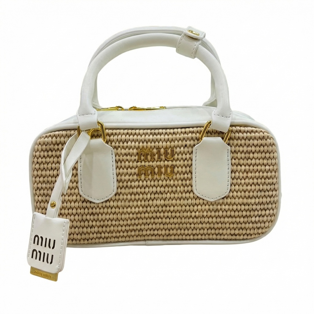 MIU Bowling Pleated Vintage Top Handbag With Crossbody Strap Shoulder Bag (White)