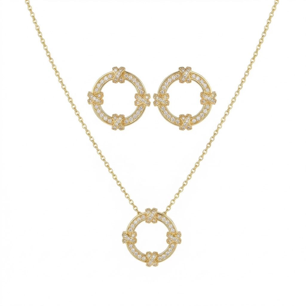 Intersecting Circle Necklace with Earrings (Gold)
