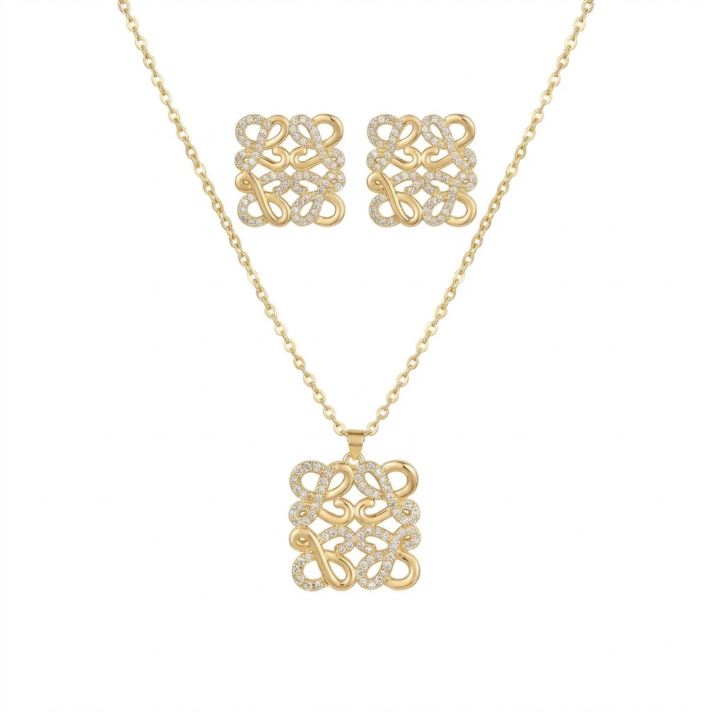 Loewe Anagram Necklace with Earrings (Gold)