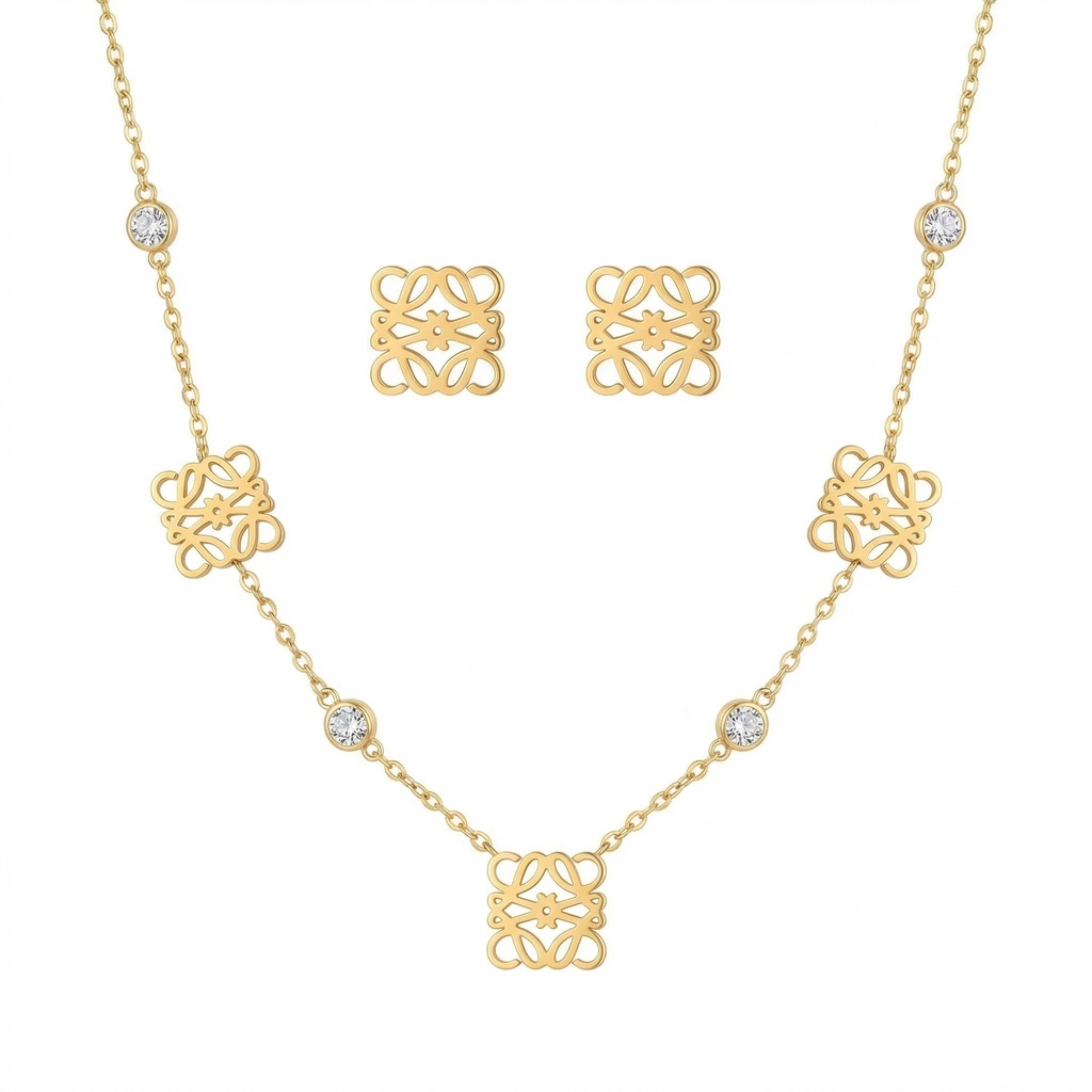 Loewe Anagram Necklace with Earrings (Gold)
