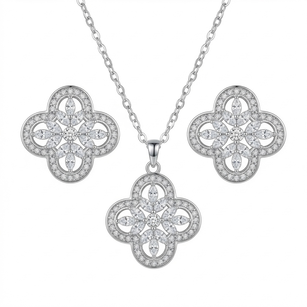 Halo Floral Clover Necklace with Earrings