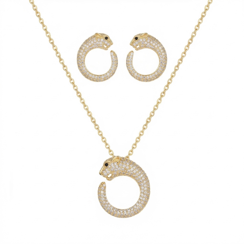 Diamond Pav Panther Pendant with Earrings (Gold)