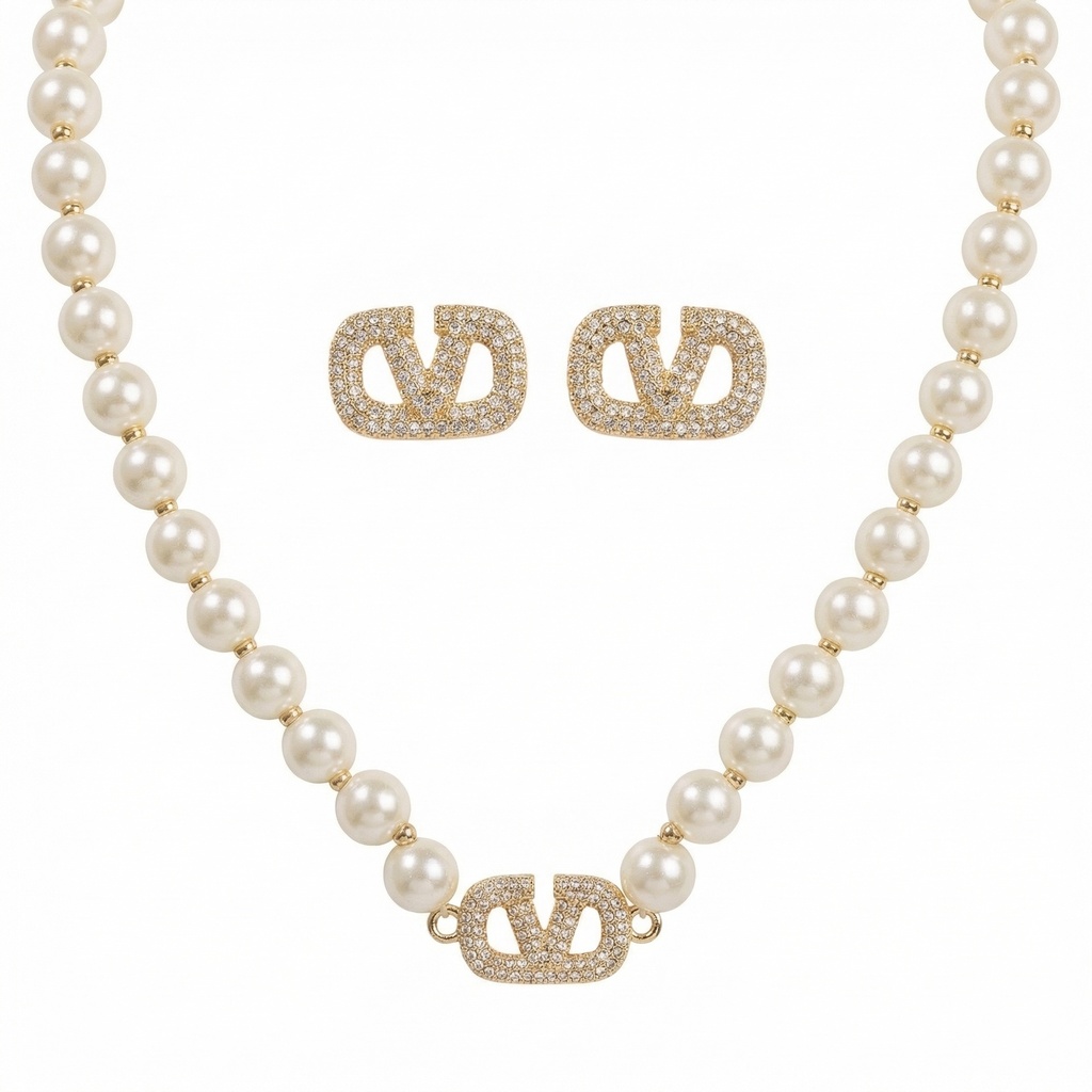 Valentino Pearl Necklace with Earrings (Gold)