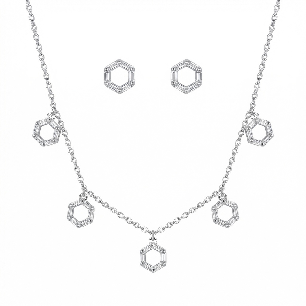 Hexagon Geometric Necklace With Earrings