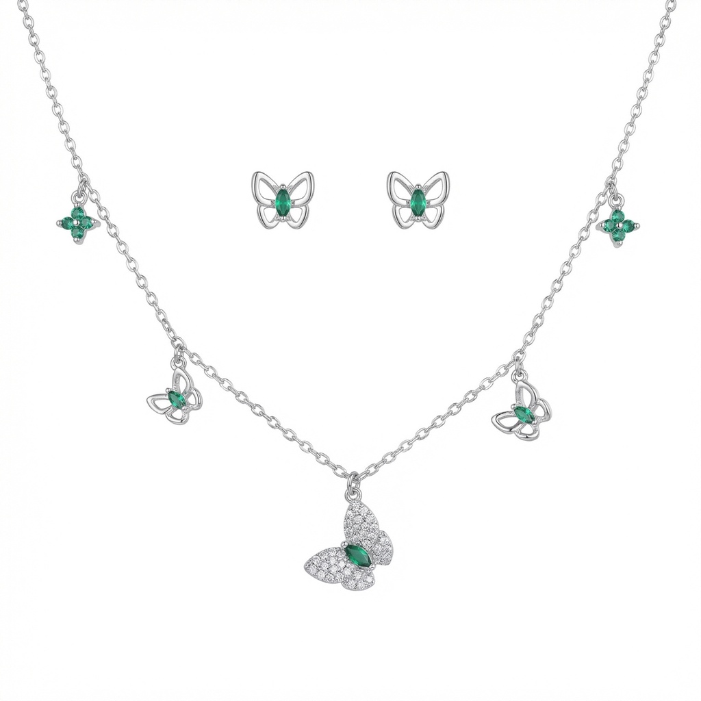 Green Butterfly Necklace With Earrings