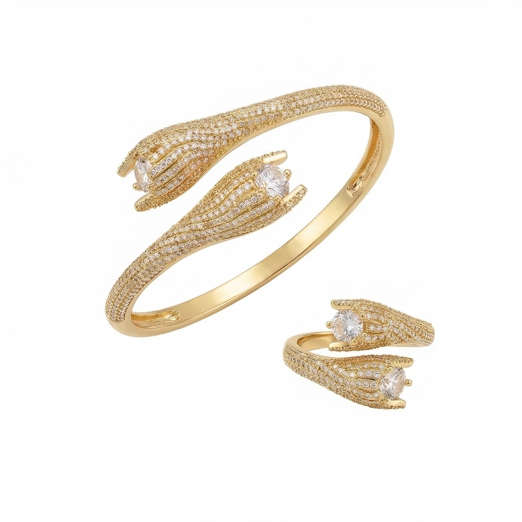 Pave Lotus Bloom Bracelet & Ring Set