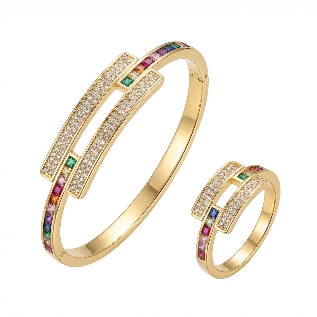 Rainbow Multi-Gemstone Geometric Bracelet & Ring Set