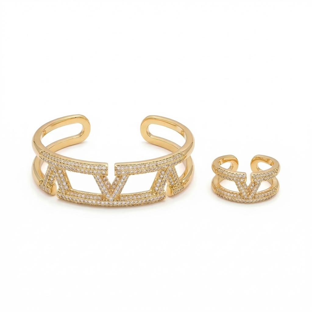 Double V Open Bangle & Ring Set (Gold)