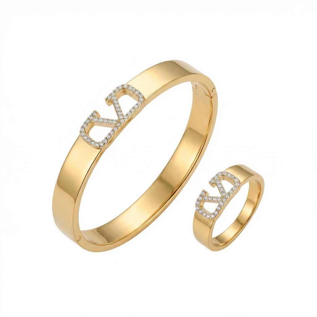 Valentino Double V Logo Bracelet & Ring Set with Crystals (Gold)