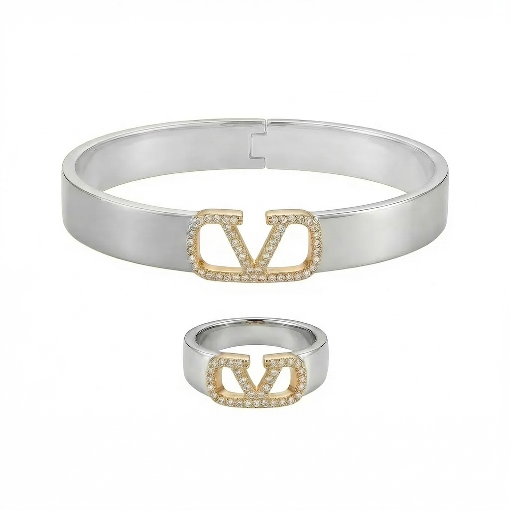 Valentino Double V Logo Bracelet & Ring Set with Crystals