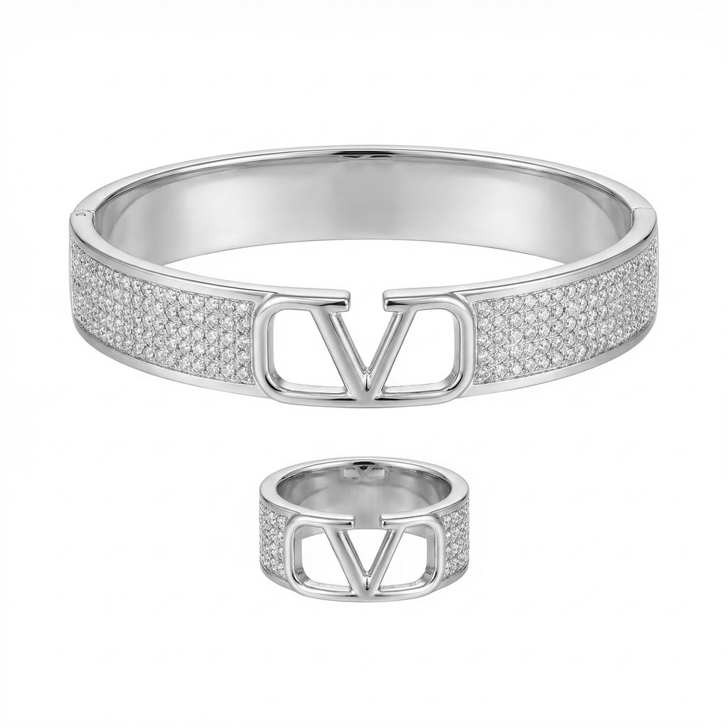 Valentino VLogo Pave Silver Bracelet & Ring Set