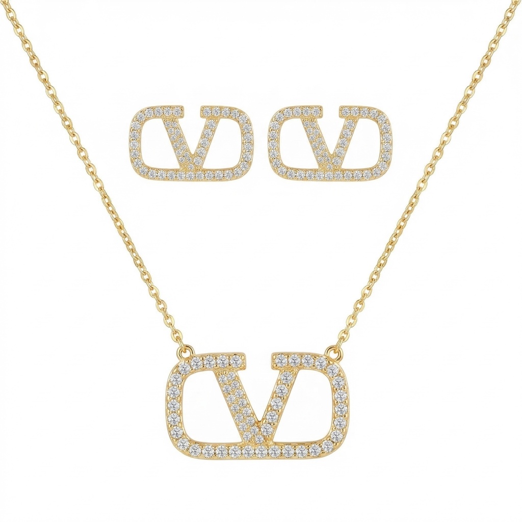 مجموعة مرصعة بتصميم حرف V مزدوج مع أقراط (Gold)