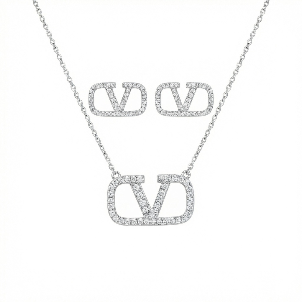 Pave Double V Signature With Earrings
