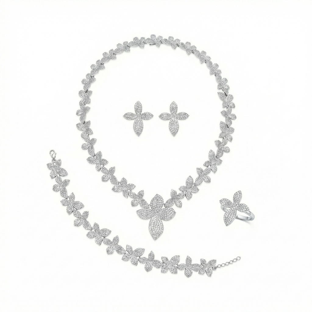 Diamond-Encrusted Floral Cluster Jewelry Set