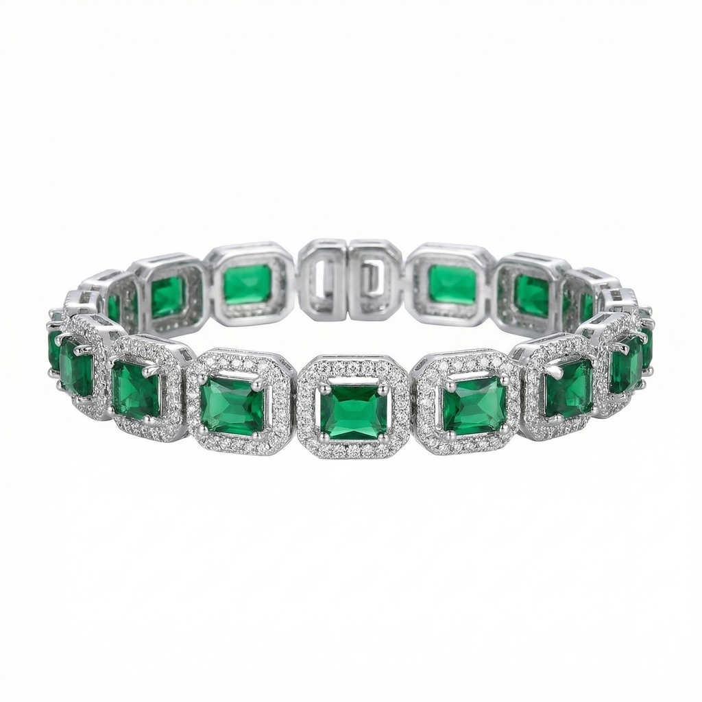 Emerald-Cut Green Zirconia Halo Bracelet