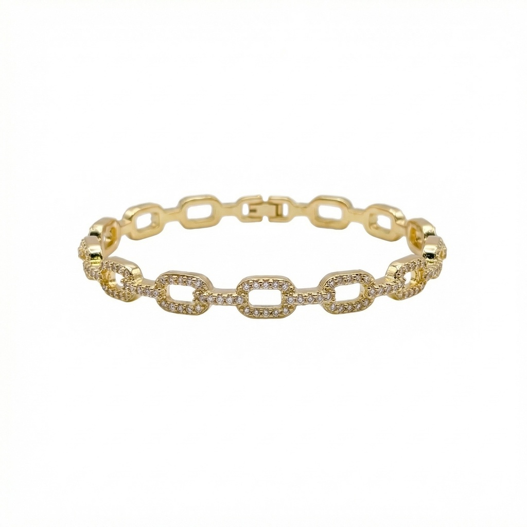 Gold Oval Chain Link CZ Bangle Bracelet