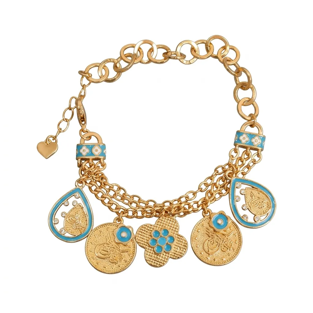 Arabic Calligraphy Coin Charm Bracelet with Turquoise Enamel