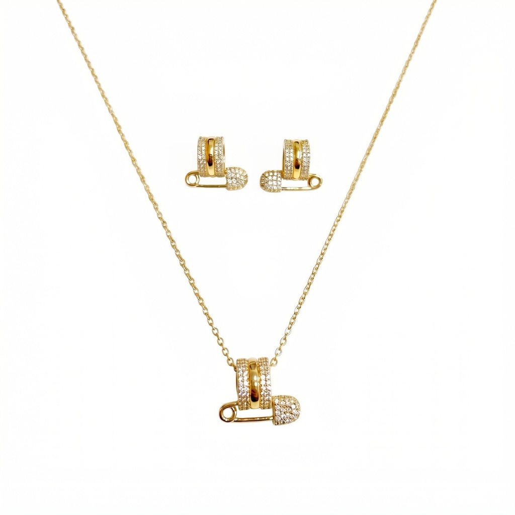 قلادة عصرية على شكل دبوس أمان مع أقراط (Gold)