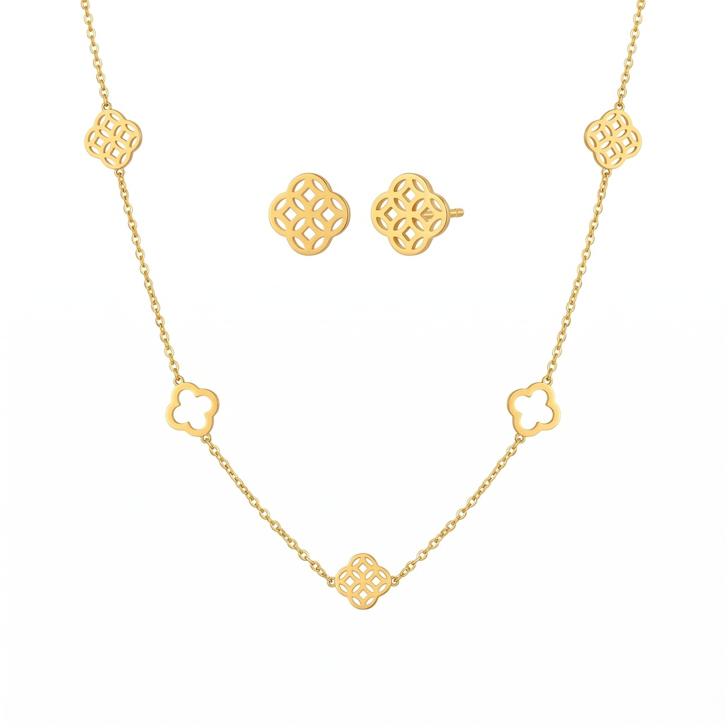 Filigree Quatrefoil Motif Necklace With Earrings