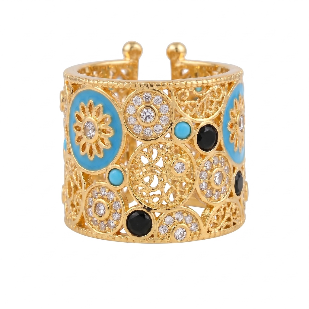 Geometric Mosaic Open Wide Ring