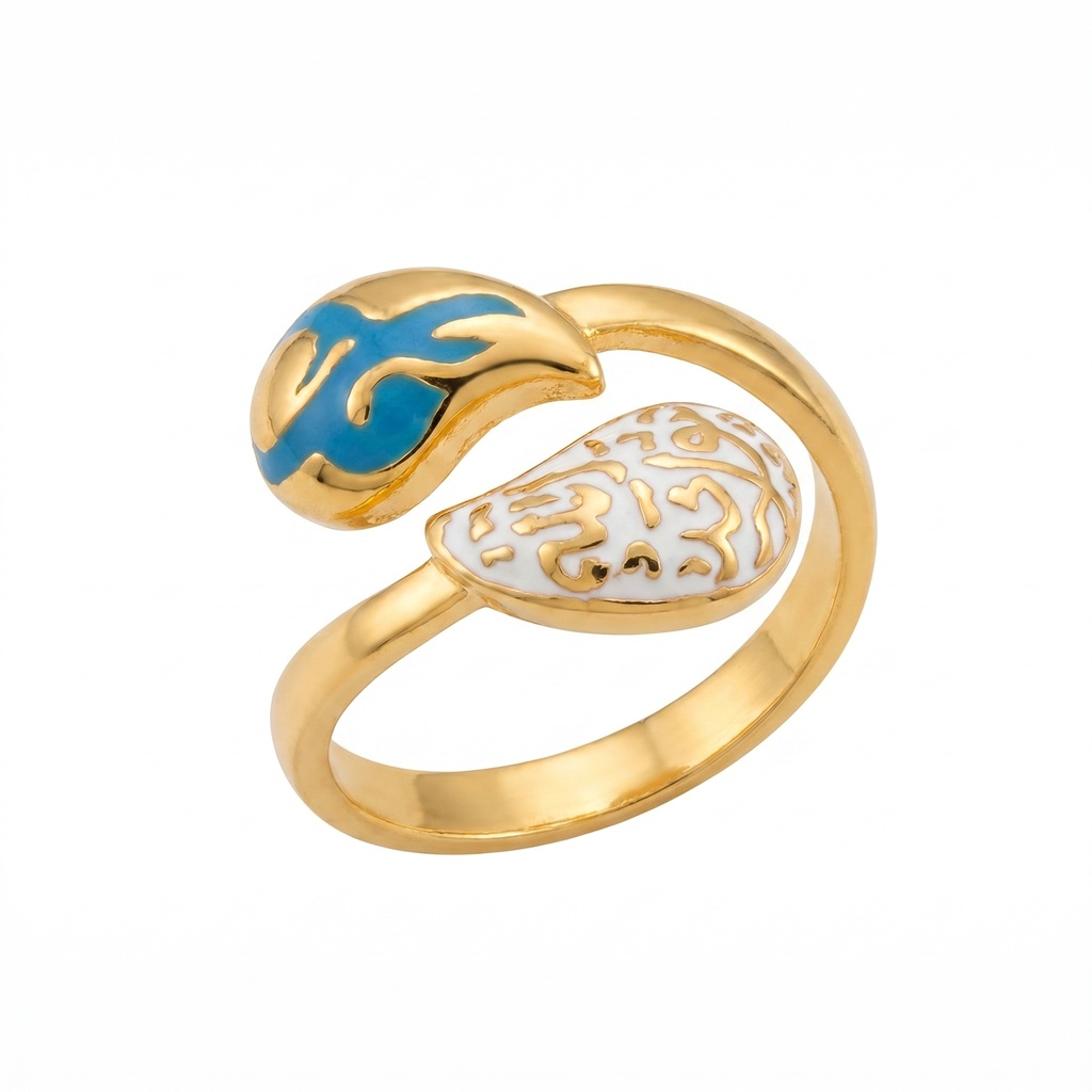Blue & White Enamel Calligraphy Bypass Gold Ring