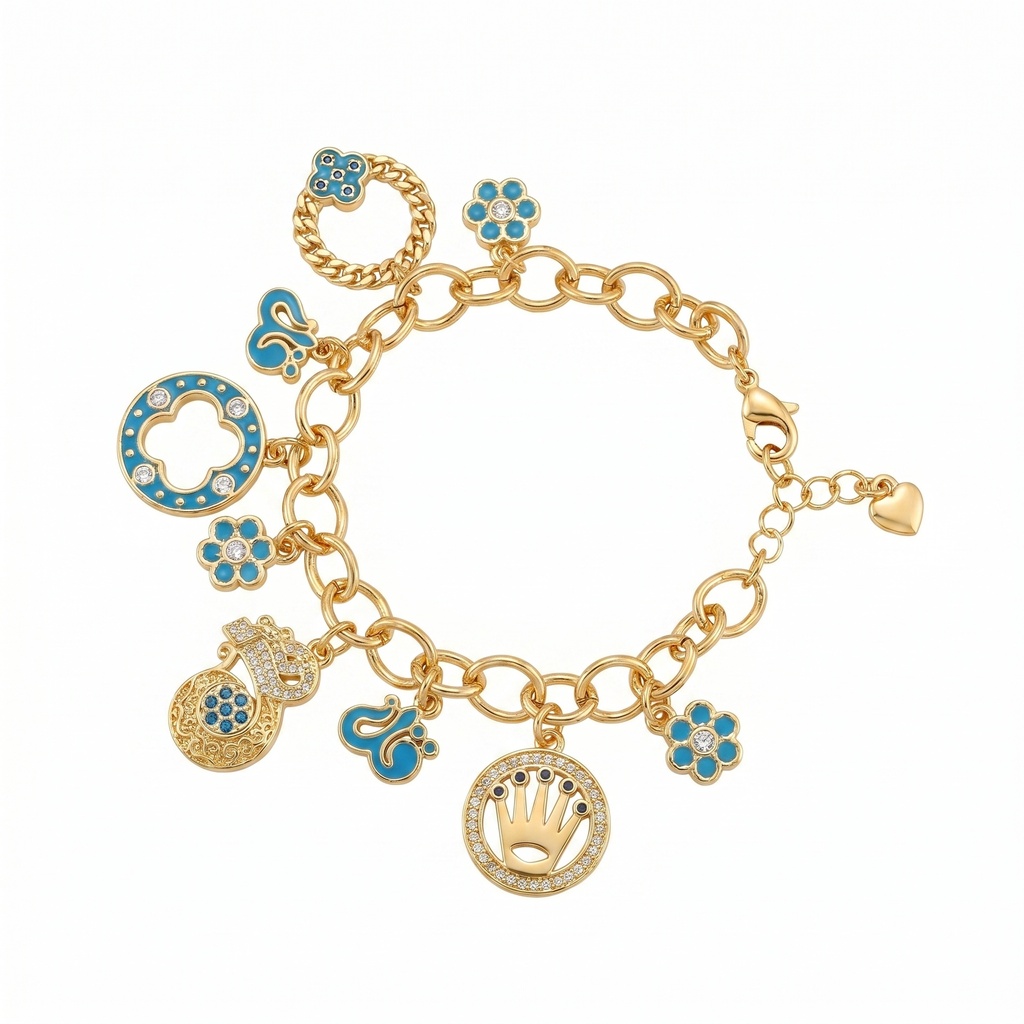 Gold Crown & Floral Charm Bracelet