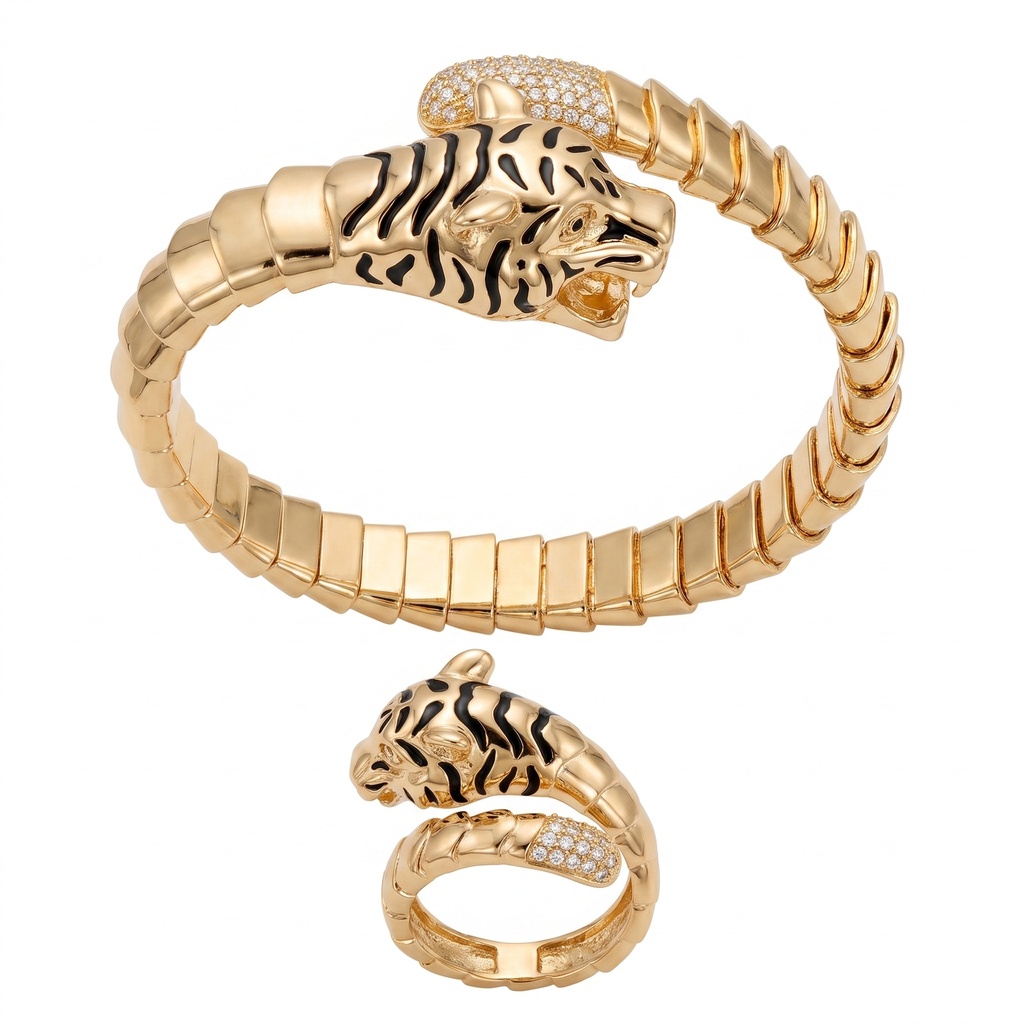 Tiger Head Bypass Bracelet & Ring Set