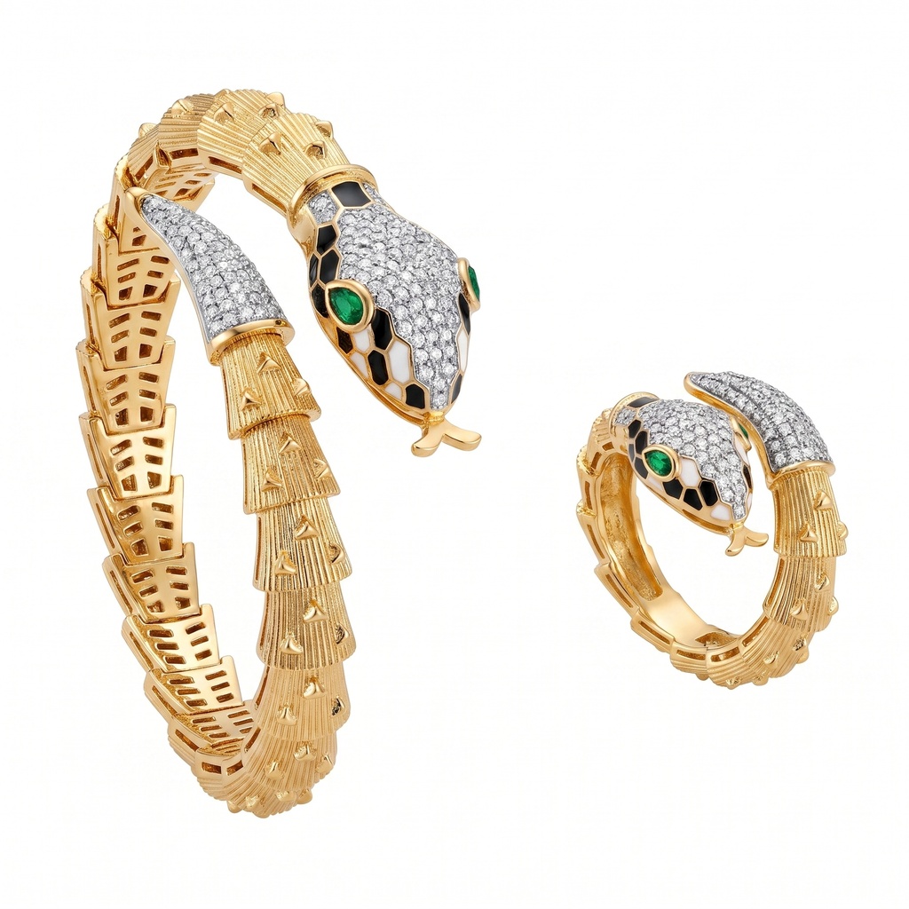 Bvlgari Serpenti Enamel & Emerald Bracelet & Ring Set