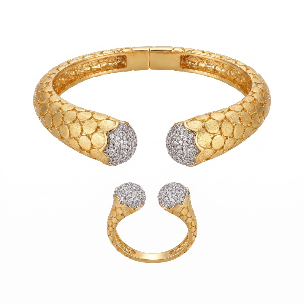 Textured Scale Motif Pavé Cuff Bracelet & Ring Set