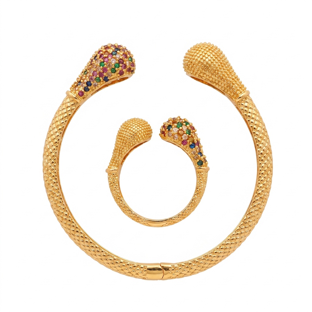 Sculpted Mesh Multi-Gem Dome Bracelet & Ring Set