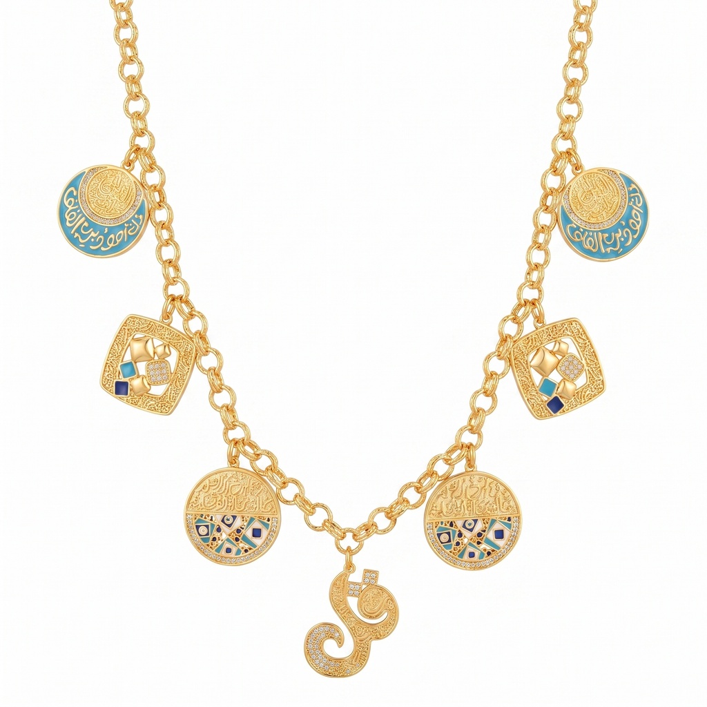 Heritage Charm Necklace with Arabic Script and Turquoise Details