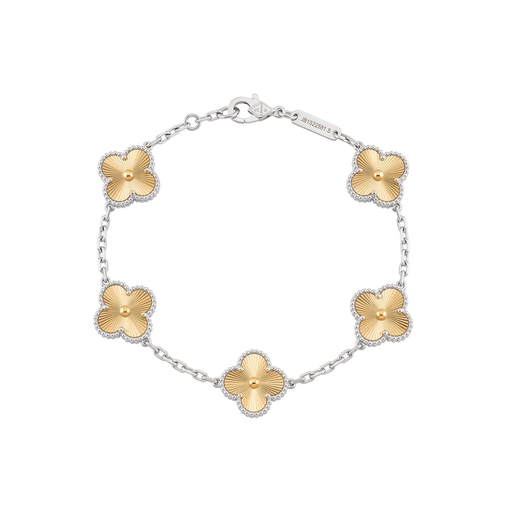 Vintage Alhambra 5 Motifs Guilloche Silver Gold Bracelet
