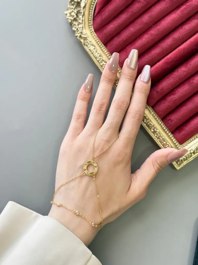 Gold Hand Chain with Modern Bohemian Ring Motif