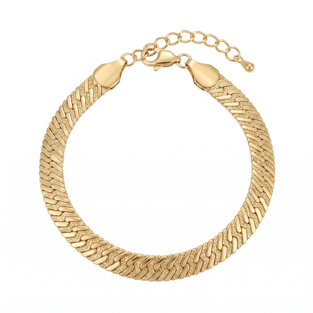 Gold Textured Herringbone Flat Chain Bracelet