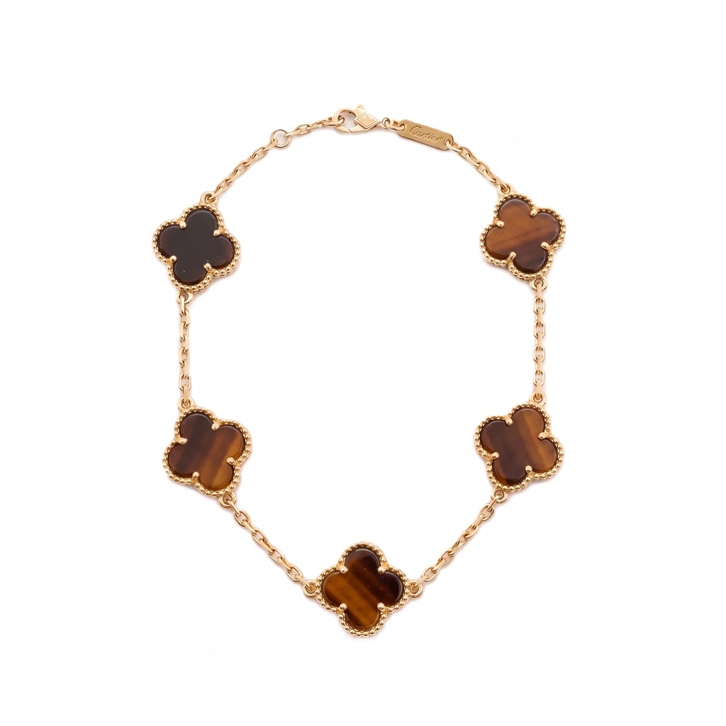 Van Cleef & Arpels Vintage Alhambra 5 Motifs Tiger's Eye Gold Bracelet